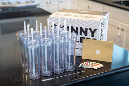 12 Clear Skinny Tumblers with Lids and Straws | 16oz Reusable Cup Double-Wall Clear Tumbler with Lid and Straw, Durable Acrylic Tumblers With FREE Straw Cleaner & Name Tags