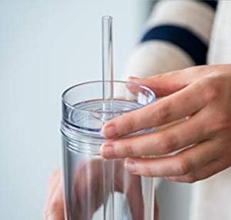 12 Clear Skinny Tumblers with Lids and Straws | 16oz Reusable Cup Double-Wall Clear Tumbler with Lid and Straw, Durable Acrylic Tumblers With FREE Straw Cleaner & Name Tags