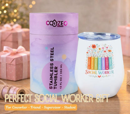 Social Worker Gifts for Women – 12 oz Stainless Steel Insulated Wine Tumbler with Straw – Appreciation Gift for Social Work Month, BSW MSW Graduation, Birthday, Christmas – White