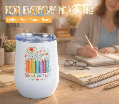 Social Worker Gifts for Women – 12 oz Stainless Steel Insulated Wine Tumbler with Straw – Appreciation Gift for Social Work Month, BSW MSW Graduation, Birthday, Christmas – White