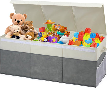 Extra Large Toy Box with Lids, Collapsible Toy Storage Organizer with Divider for Kids, Sturdy Toy Chest for Bedroom, Nursery, Living Room, Playroom, 40"x14"x16", Gray & White