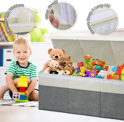 Extra Large Toy Box with Lids, Collapsible Toy Storage Organizer with Divider for Kids, Sturdy Toy Chest for Bedroom, Nursery, Living Room, Playroom, 40"x14"x16", Gray & White