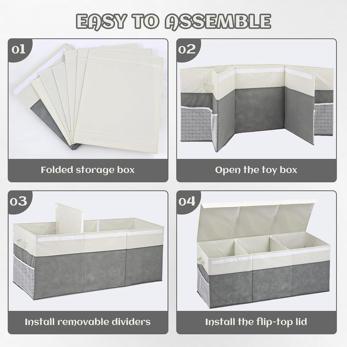Extra Large Toy Box with Lids, Collapsible Toy Storage Organizer with Divider for Kids, Sturdy Toy Chest for Bedroom, Nursery, Living Room, Playroom, 40"x14"x16", Gray & White