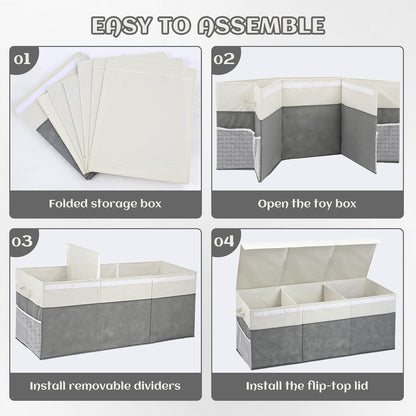 Extra Large Toy Box with Lids, Collapsible Toy Storage Organizer with Divider for Kids, Sturdy Toy Chest for Bedroom, Nursery, Living Room, Playroom, 40"x14"x16", Gray & White