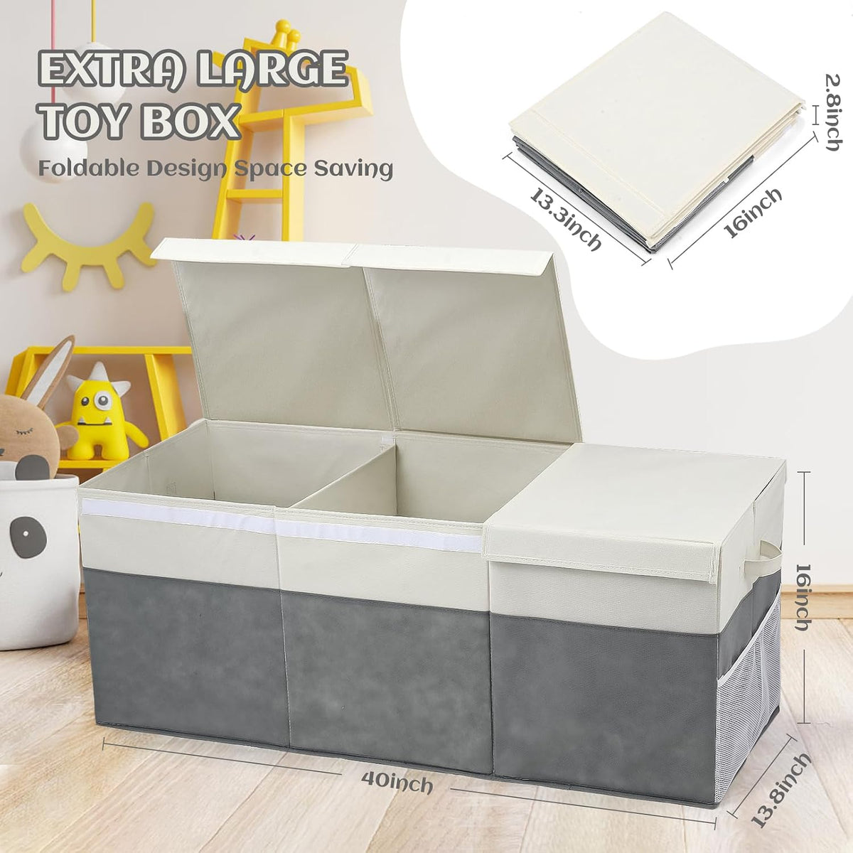 Extra Large Toy Box with Lids, Collapsible Toy Storage Organizer with Divider for Kids, Sturdy Toy Chest for Bedroom, Nursery, Living Room, Playroom, 40"x14"x16", Gray & White