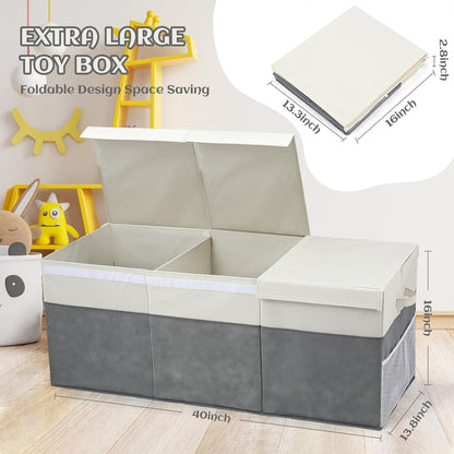 Extra Large Toy Box with Lids, Collapsible Toy Storage Organizer with Divider for Kids, Sturdy Toy Chest for Bedroom, Nursery, Living Room, Playroom, 40"x14"x16", Gray & White
