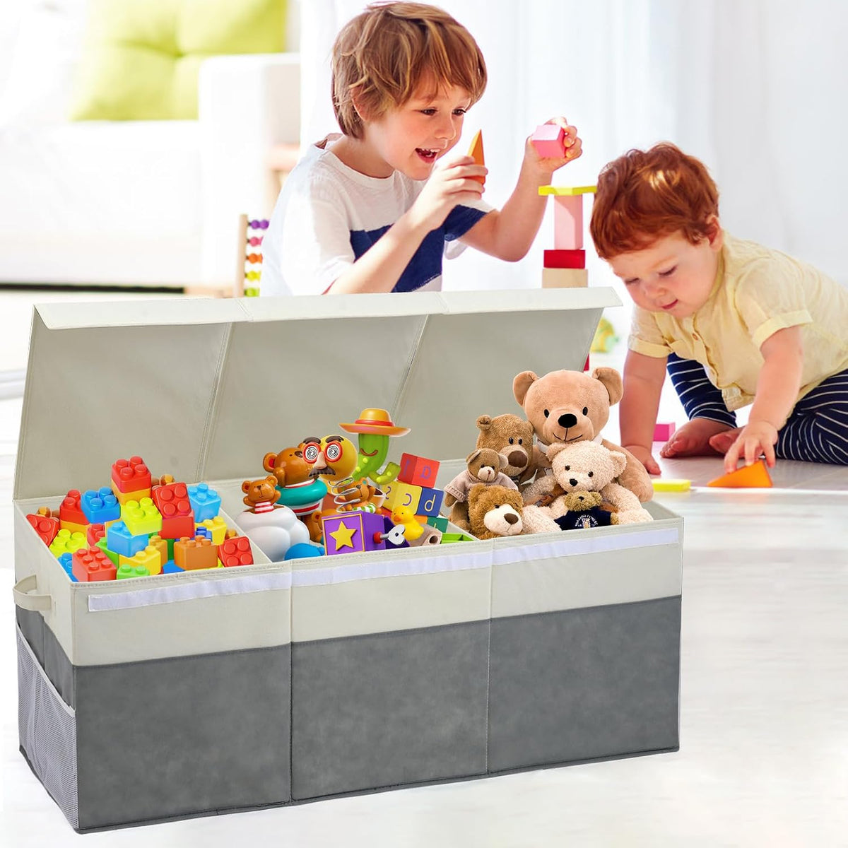 Extra Large Toy Box with Lids, Collapsible Toy Storage Organizer with Divider for Kids, Sturdy Toy Chest for Bedroom, Nursery, Living Room, Playroom, 40"x14"x16", Gray & White