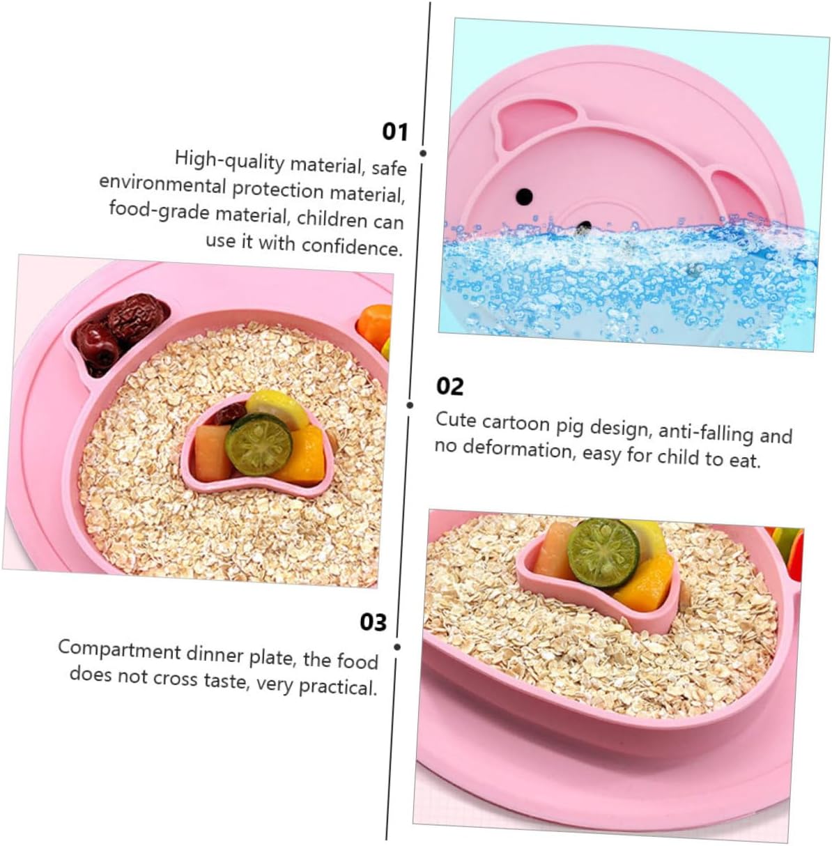 Cartoon Pig Silicone Compartment Plate for Baby and Children Pink