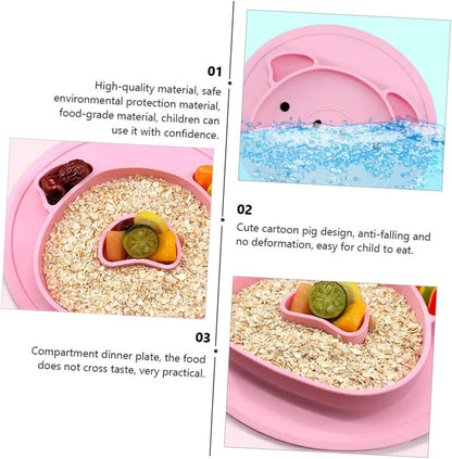 Cartoon Pig Silicone Compartment Plate for Baby and Children Pink
