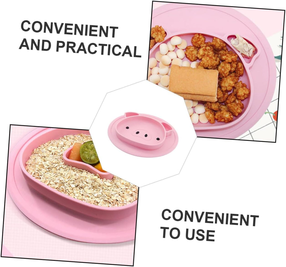Cartoon Pig Silicone Compartment Plate for Baby and Children Pink