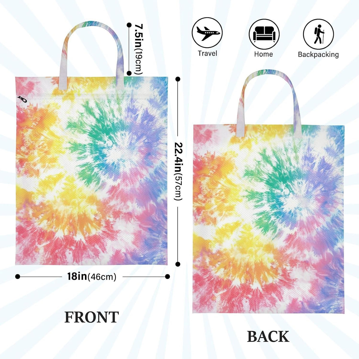 Watercolor Spiral Tie Dye 2 Pack Waterproof Travel Laundry Bag Washable Dirty Clothes Organizer Storage Bag with Handle Zipper for Gym Camping Beach