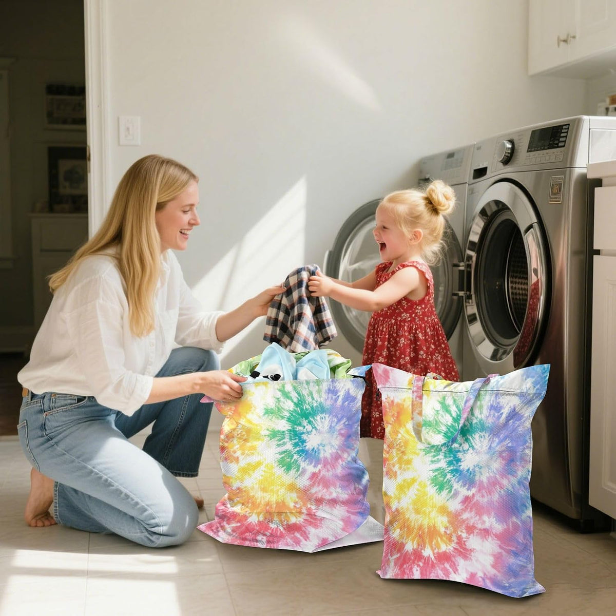 Watercolor Spiral Tie Dye 2 Pack Waterproof Travel Laundry Bag Washable Dirty Clothes Organizer Storage Bag with Handle Zipper for Gym Camping Beach