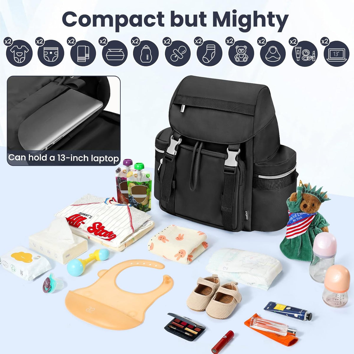 Diaper Bag Backpack with Changing Pad, Pacifier Case & Stroller Straps, Insulated Pockets Water Resistant Travel Essentials Baby Bag Multipurpose Travel Back, Big Storage in a Small Footprint