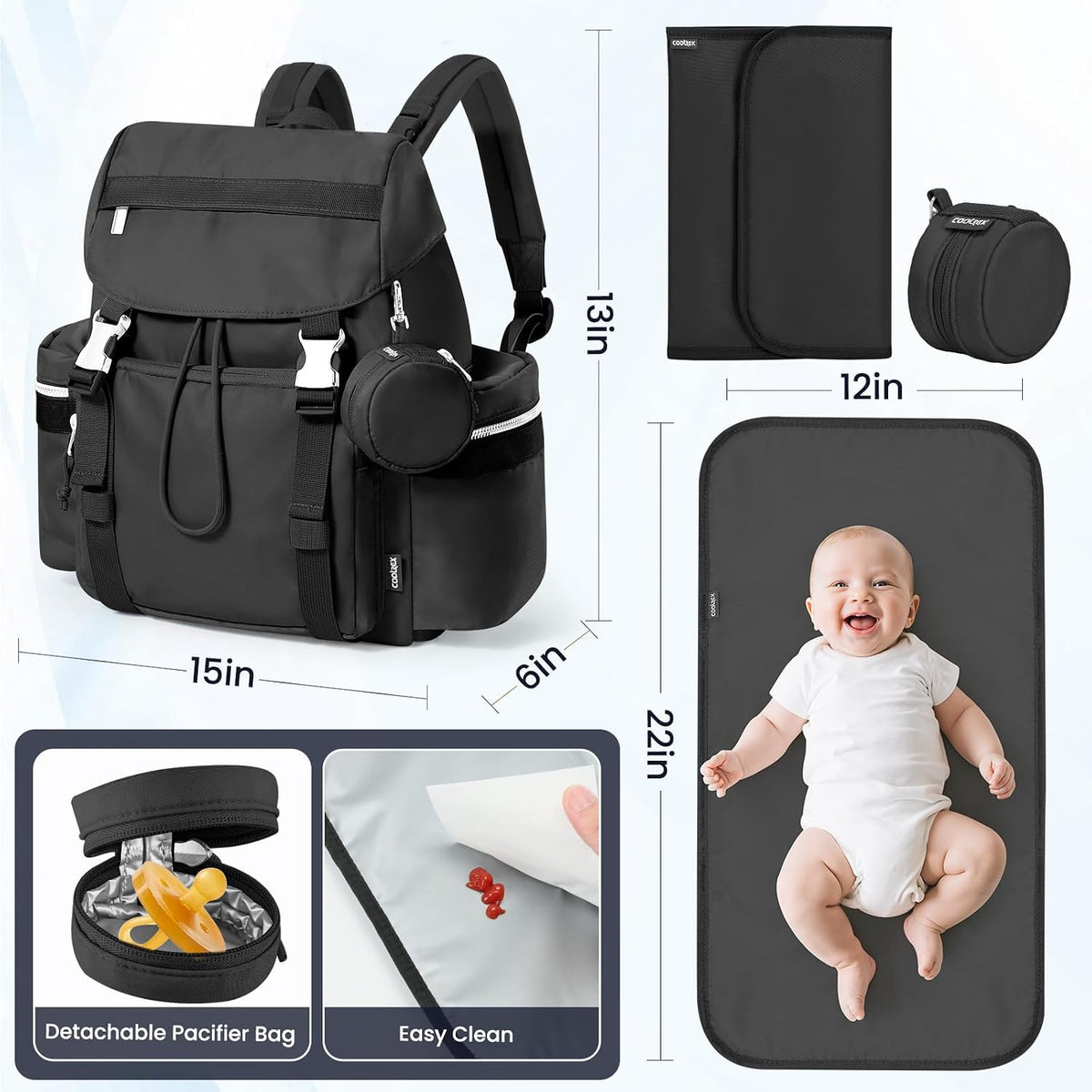 Diaper Bag Backpack with Changing Pad, Pacifier Case & Stroller Straps, Insulated Pockets Water Resistant Travel Essentials Baby Bag Multipurpose Travel Back, Big Storage in a Small Footprint