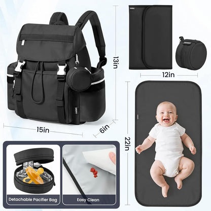 Diaper Bag Backpack with Changing Pad, Pacifier Case & Stroller Straps, Insulated Pockets Water Resistant Travel Essentials Baby Bag Multipurpose Travel Back, Big Storage in a Small Footprint