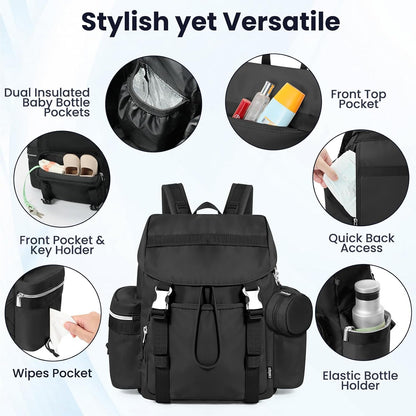 Diaper Bag Backpack with Changing Pad, Pacifier Case & Stroller Straps, Insulated Pockets Water Resistant Travel Essentials Baby Bag Multipurpose Travel Back, Big Storage in a Small Footprint