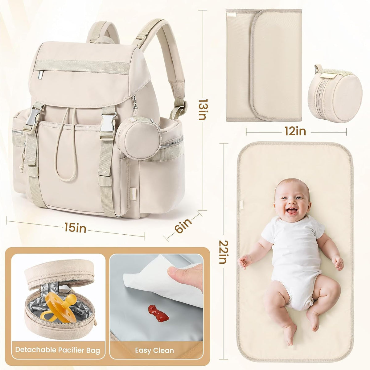 Diaper Bag Backpack with Changing Pad, Pacifier Case & Stroller Straps, Insulated Pockets Water Resistant Travel Essentials Baby Bag Multipurpose Travel Back, Big Storage in a Small Footprint