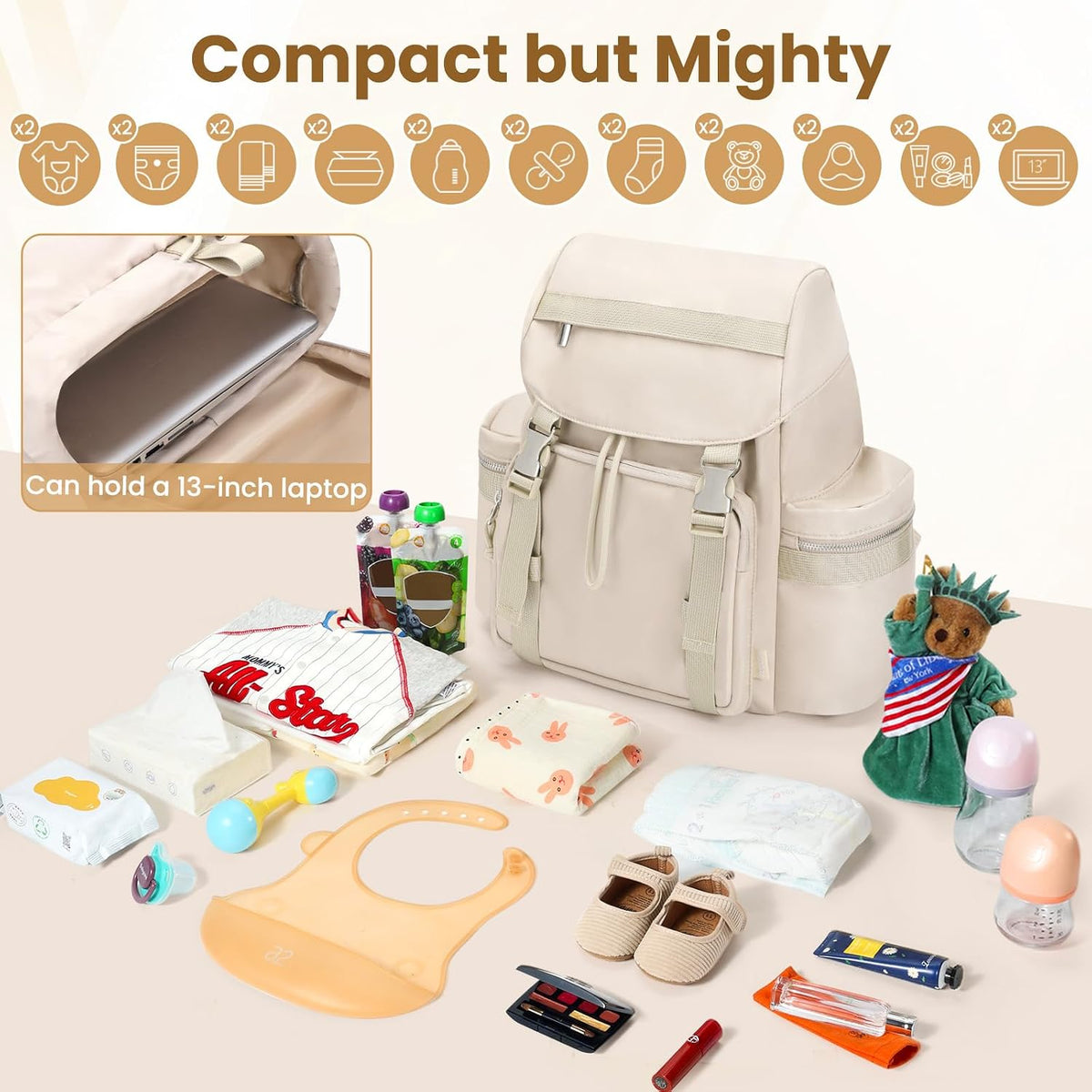 Diaper Bag Backpack with Changing Pad, Pacifier Case & Stroller Straps, Insulated Pockets Water Resistant Travel Essentials Baby Bag Multipurpose Travel Back, Big Storage in a Small Footprint