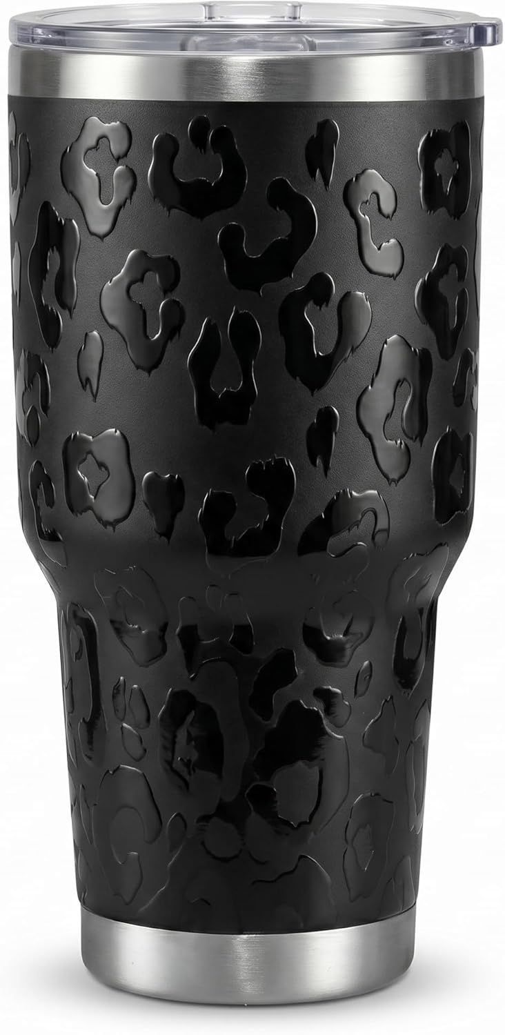 Leopard Print Tumbler 30oz Stainless Steel with Slider Lid | Black Leopard Travel Coffee Cup for Hot and Cold Drinks, Bow Gifts for Office, Car and Daily Use