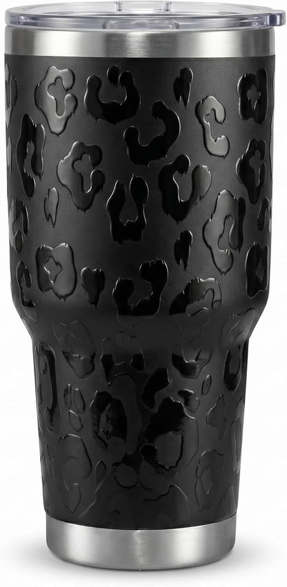 Leopard Print Tumbler 30oz Stainless Steel with Slider Lid | Black Leopard Travel Coffee Cup for Hot and Cold Drinks, Bow Gifts for Office, Car and Daily Use