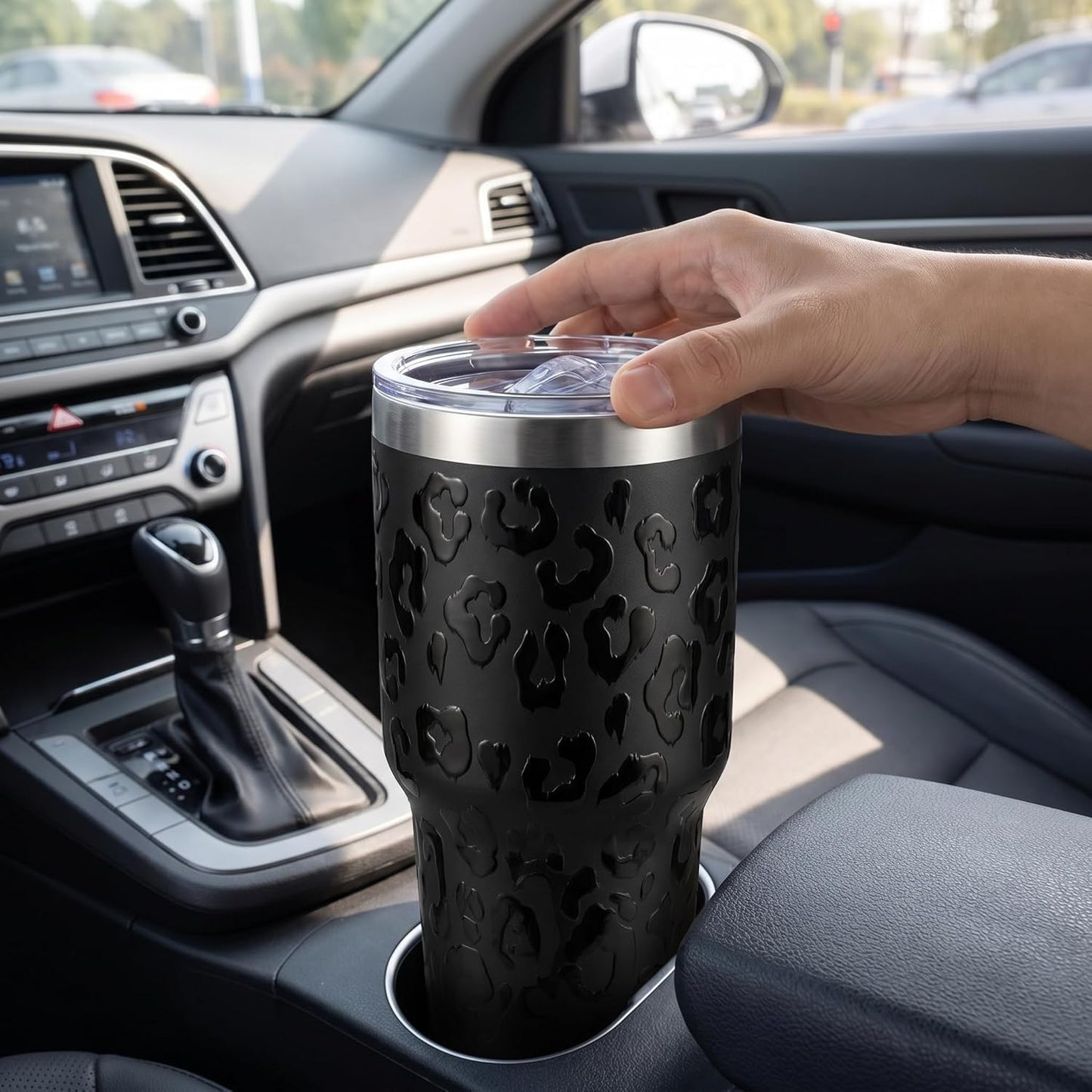 Leopard Print Tumbler 30oz Stainless Steel with Slider Lid | Black Leopard Travel Coffee Cup for Hot and Cold Drinks, Bow Gifts for Office, Car and Daily Use