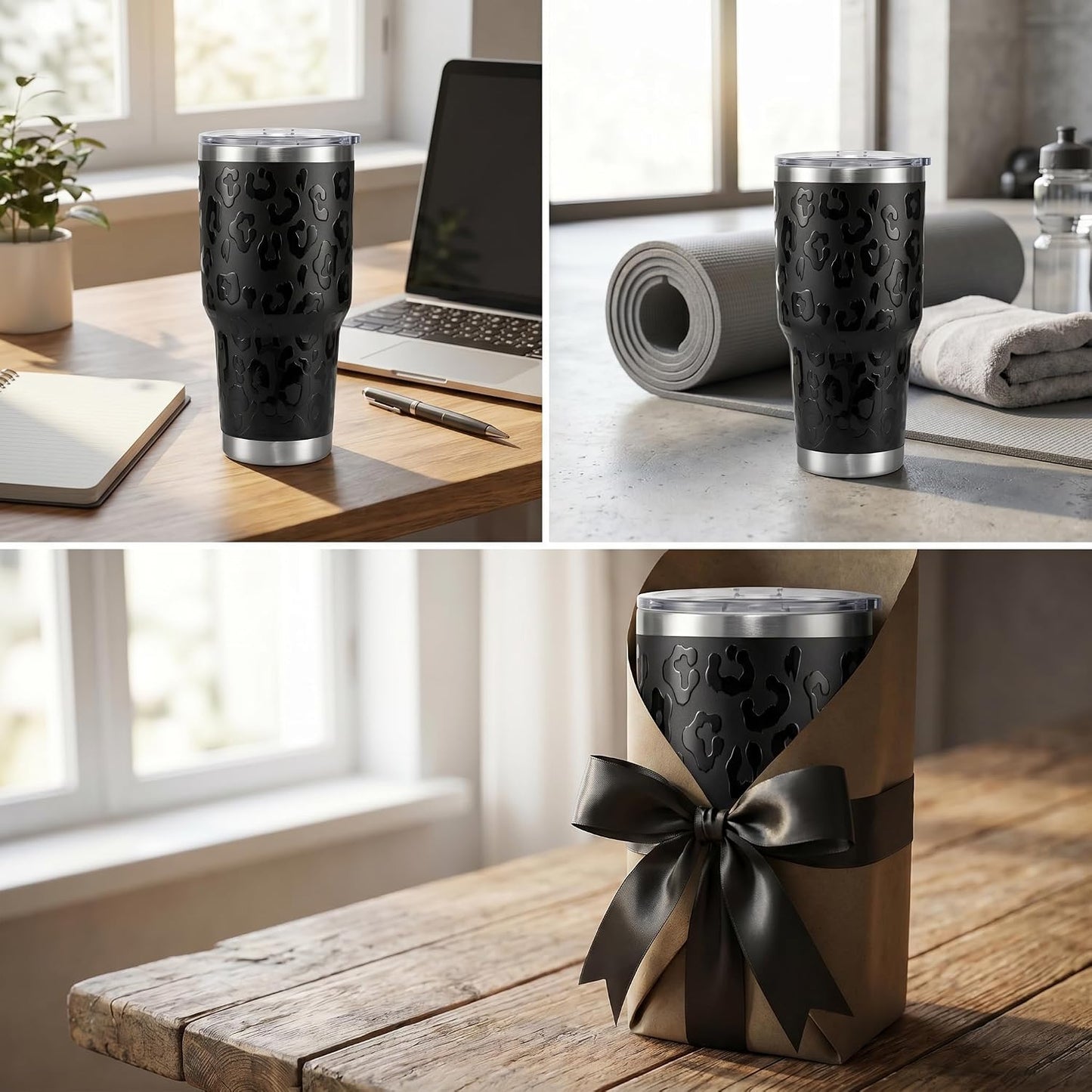 Leopard Print Tumbler 30oz Stainless Steel with Slider Lid | Black Leopard Travel Coffee Cup for Hot and Cold Drinks, Bow Gifts for Office, Car and Daily Use