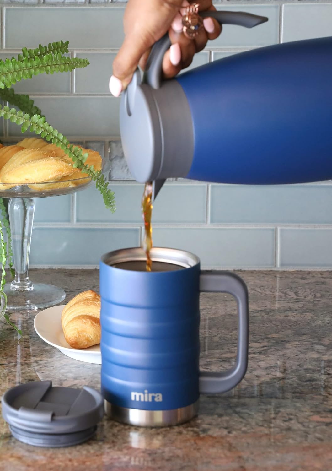 14 oz Insulated Coffee Mug with Handle - Stainless Steel Thermo with Secure Lid - Hot & Cold Cup - Admiral Blue