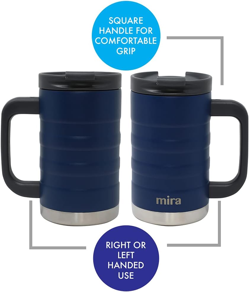 14 oz Insulated Coffee Mug with Handle - Stainless Steel Thermo with Secure Lid - Hot & Cold Cup - Admiral Blue