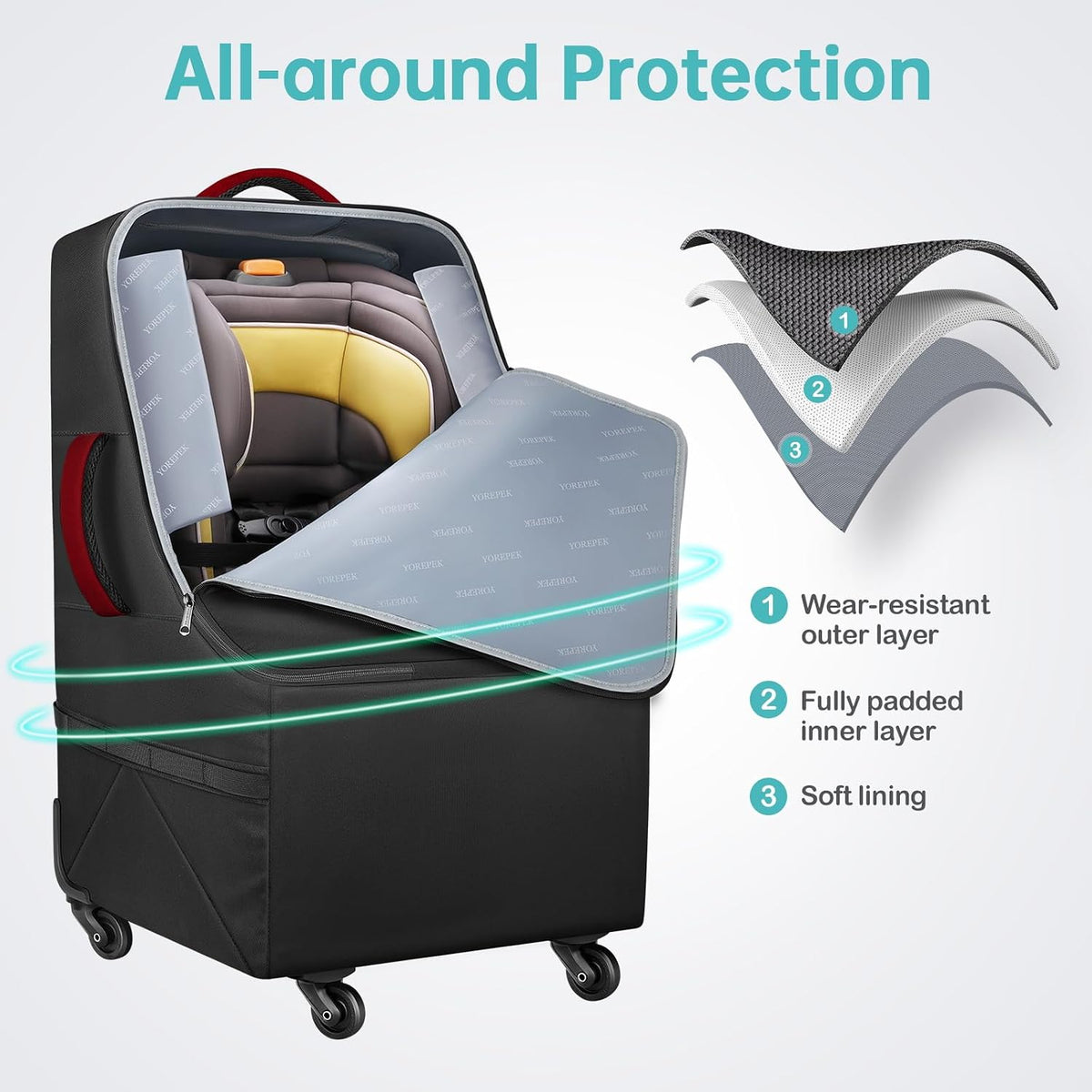 Car Seat Travel Bag with 4 Spinner Wheels & Stable Base