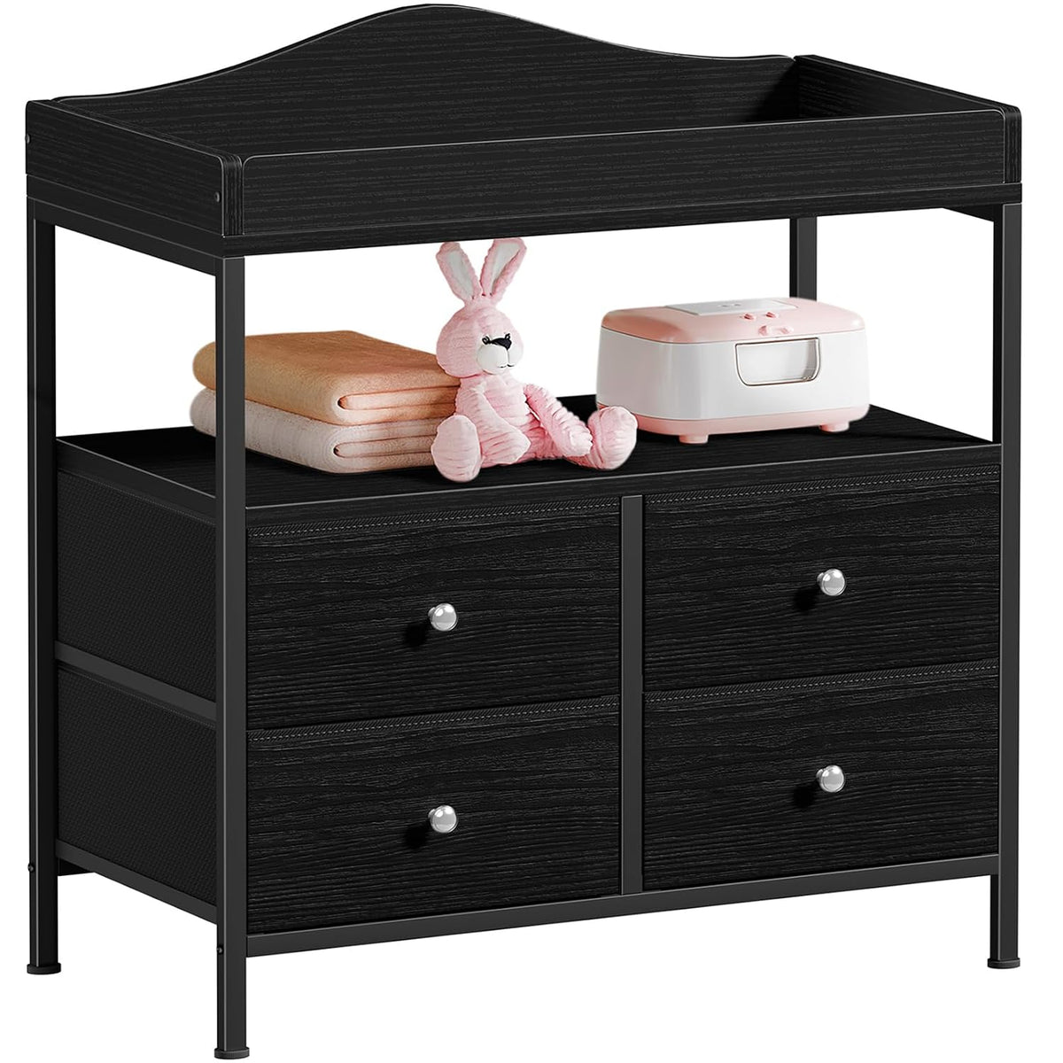 Changing Table Dresser with 4 Fabric Drawers and Open Shelf, Baby Dresser with Changing Table Top Diaper Changing Station with Storage for Nursery Modern (White)