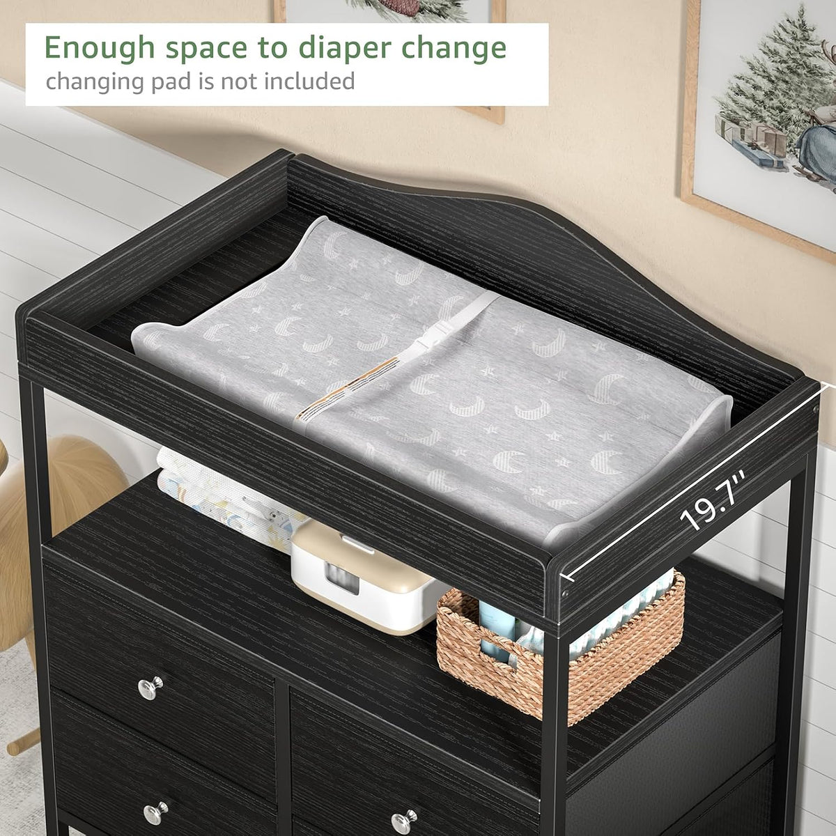 Changing Table Dresser with 4 Fabric Drawers and Open Shelf, Baby Dresser with Changing Table Top Diaper Changing Station with Storage for Nursery Modern (White)