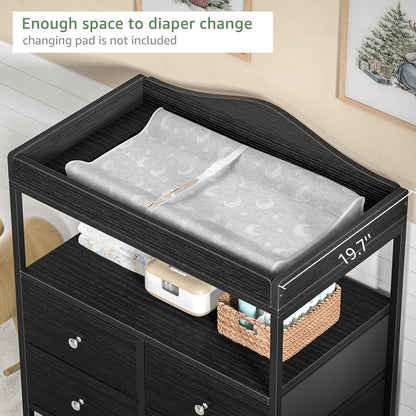 Changing Table Dresser with 4 Fabric Drawers and Open Shelf, Baby Dresser with Changing Table Top Diaper Changing Station with Storage for Nursery Modern (White)