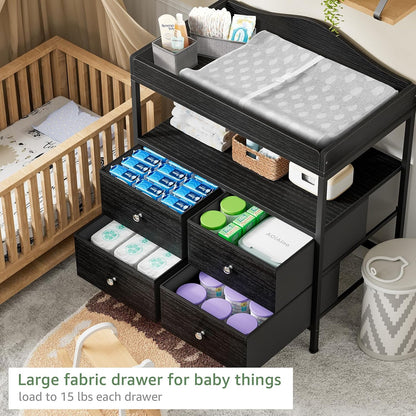 Changing Table Dresser with 4 Fabric Drawers and Open Shelf, Baby Dresser with Changing Table Top Diaper Changing Station with Storage for Nursery Modern (White)