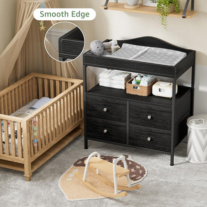 Changing Table Dresser with 4 Fabric Drawers and Open Shelf, Baby Dresser with Changing Table Top Diaper Changing Station with Storage for Nursery Modern (White)