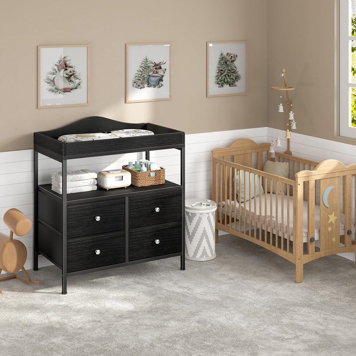 Changing Table Dresser with 4 Fabric Drawers and Open Shelf, Baby Dresser with Changing Table Top Diaper Changing Station with Storage for Nursery Modern (White)