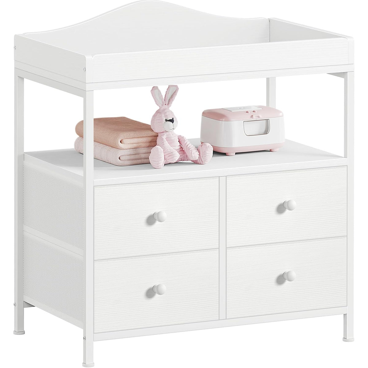 Changing Table Dresser with 4 Fabric Drawers and Open Shelf, Baby Dresser with Changing Table Top Diaper Changing Station with Storage for Nursery Modern (White)