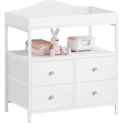 Changing Table Dresser with 4 Fabric Drawers and Open Shelf, Baby Dresser with Changing Table Top Diaper Changing Station with Storage for Nursery Modern (White)