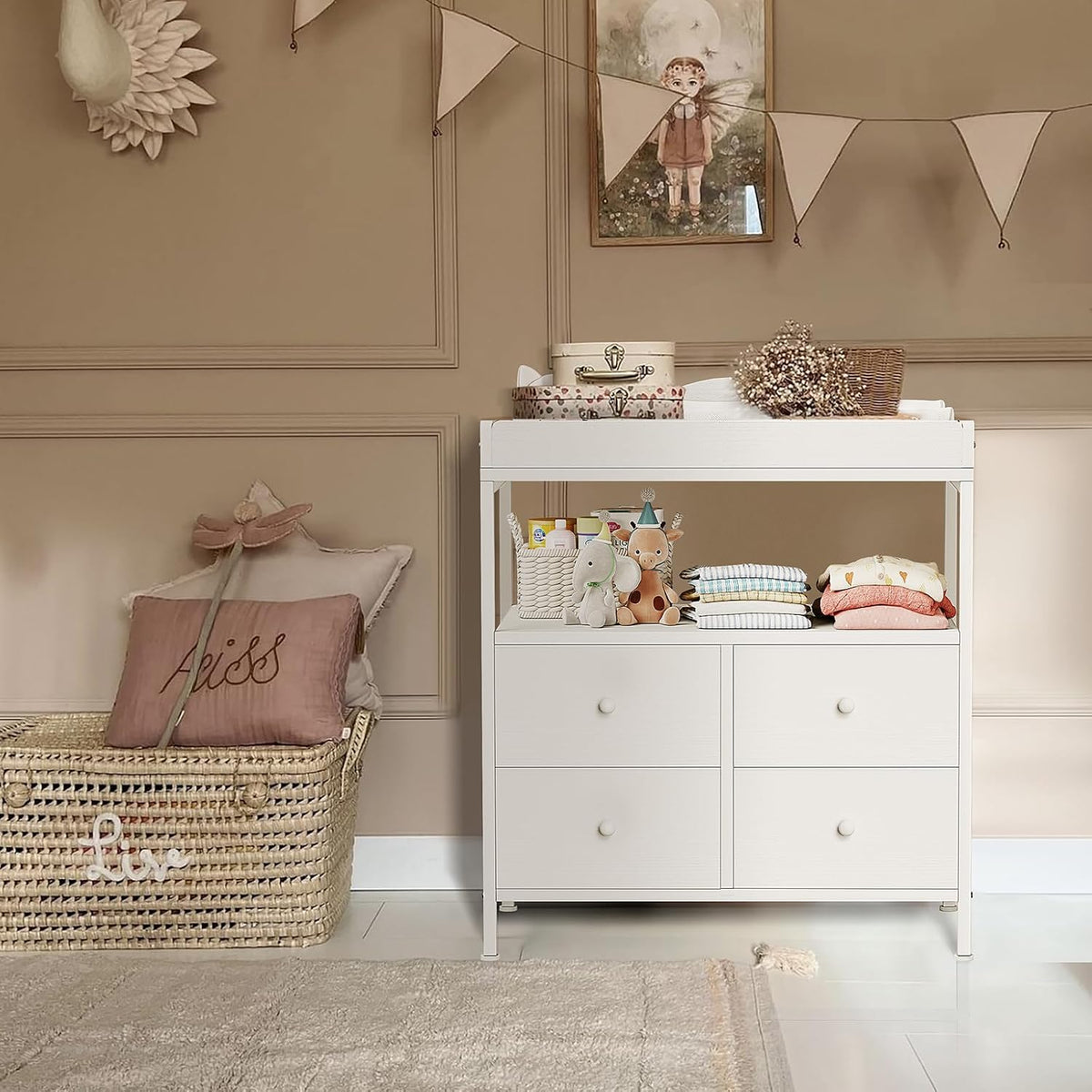 Changing Table Dresser with 4 Fabric Drawers and Open Shelf, Baby Dresser with Changing Table Top Diaper Changing Station with Storage for Nursery Modern (White)