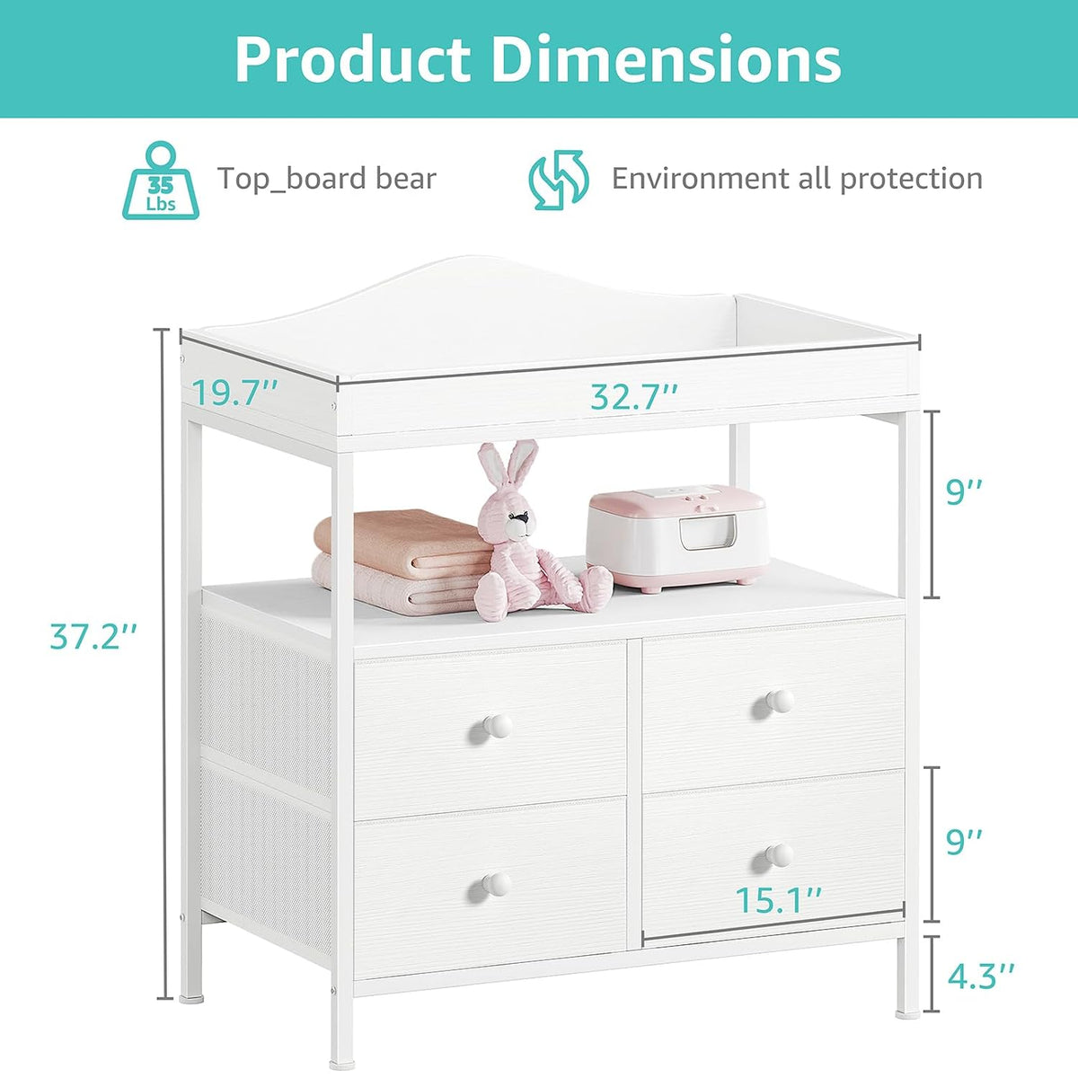 Changing Table Dresser with 4 Fabric Drawers and Open Shelf, Baby Dresser with Changing Table Top Diaper Changing Station with Storage for Nursery Modern (White)