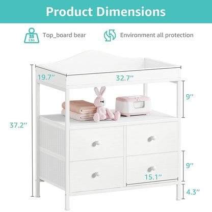 Changing Table Dresser with 4 Fabric Drawers and Open Shelf, Baby Dresser with Changing Table Top Diaper Changing Station with Storage for Nursery Modern (White)