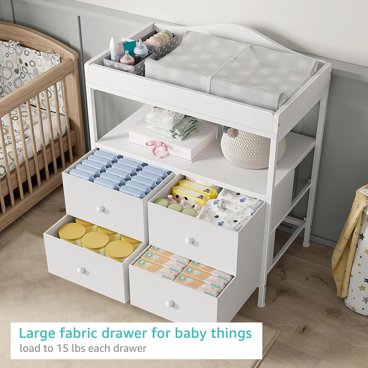 Changing Table Dresser with 4 Fabric Drawers and Open Shelf, Baby Dresser with Changing Table Top Diaper Changing Station with Storage for Nursery Modern (White)