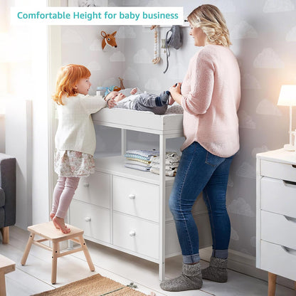 Changing Table Dresser with 4 Fabric Drawers and Open Shelf, Baby Dresser with Changing Table Top Diaper Changing Station with Storage for Nursery Modern (White)