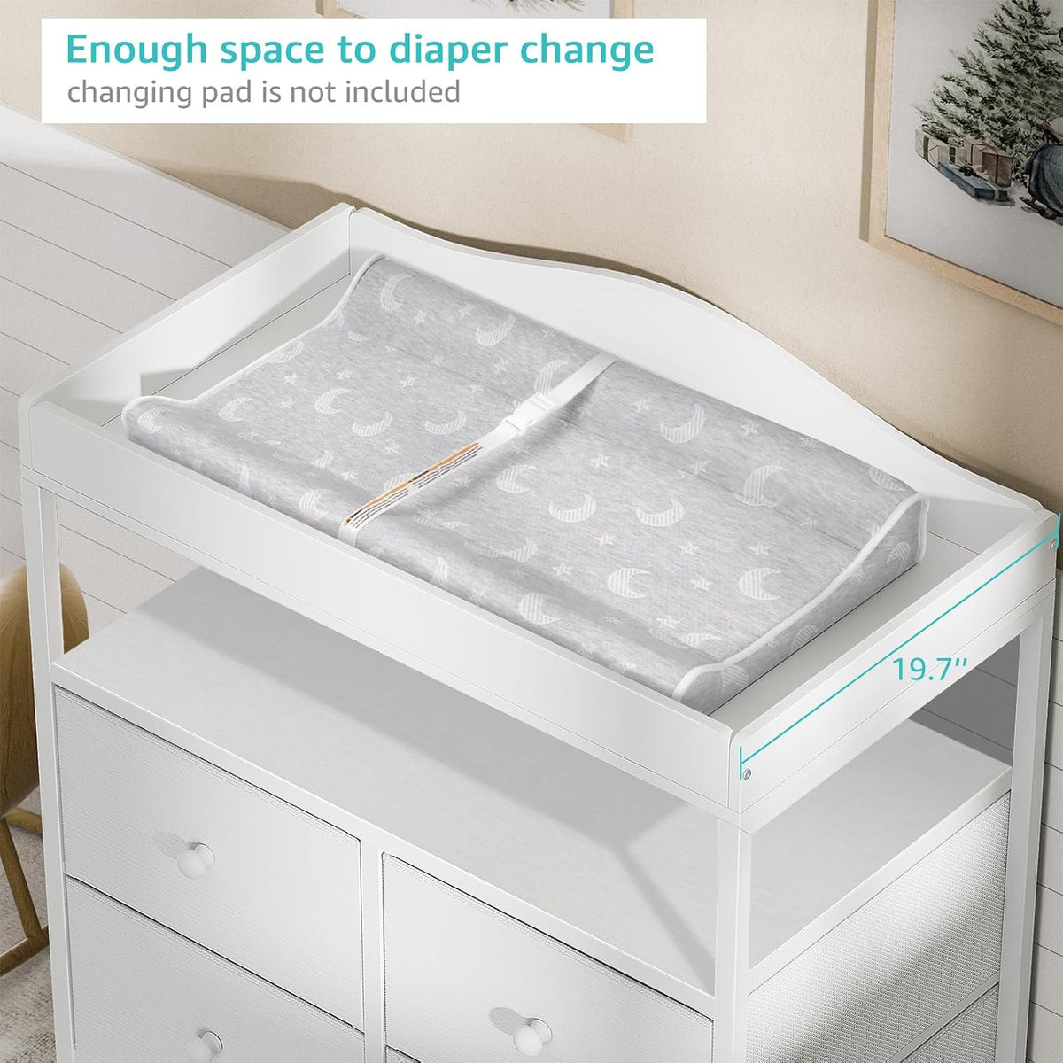 Changing Table Dresser with 4 Fabric Drawers and Open Shelf, Baby Dresser with Changing Table Top Diaper Changing Station with Storage for Nursery Modern (White)