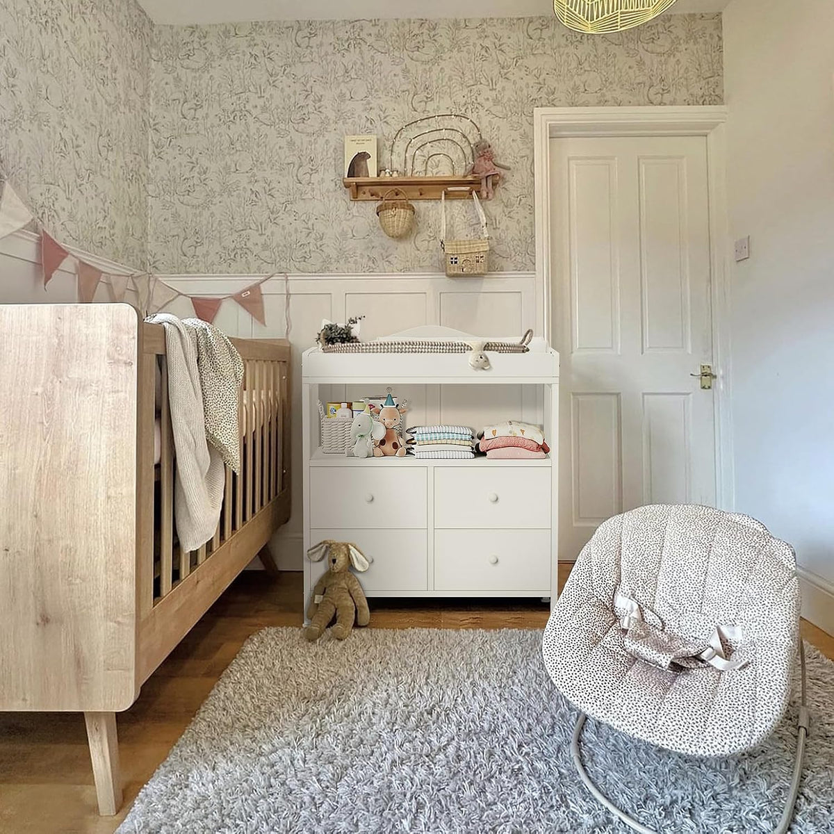 Changing Table Dresser with 4 Fabric Drawers and Open Shelf, Baby Dresser with Changing Table Top Diaper Changing Station with Storage for Nursery Modern (White)