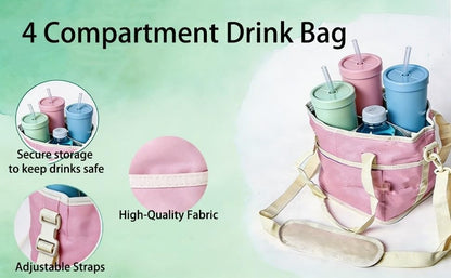 Insulated Drink Carrier for 4 Cups，4 Compartment Drink Bag with Adjustable Strap，4 Water Bottle Holder with Strap for Coffee, Travel, Outings