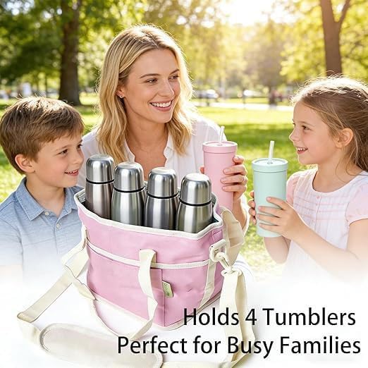 Insulated Drink Carrier for 4 Cups，4 Compartment Drink Bag with Adjustable Strap，4 Water Bottle Holder with Strap for Coffee, Travel, Outings