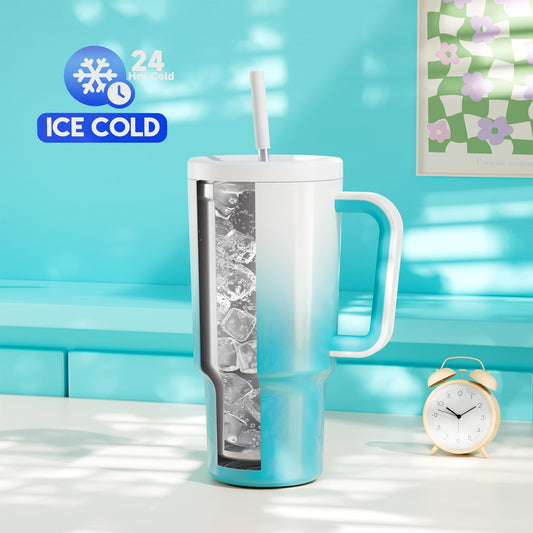 40 oz Tumbler with Handle and Straw: Stainless Steel Insulated Tumbler with Lid and Straw - 100% Leak Proof Tumbler for Car Cup Holders - Travelers Commuters Workers, Blue Rose