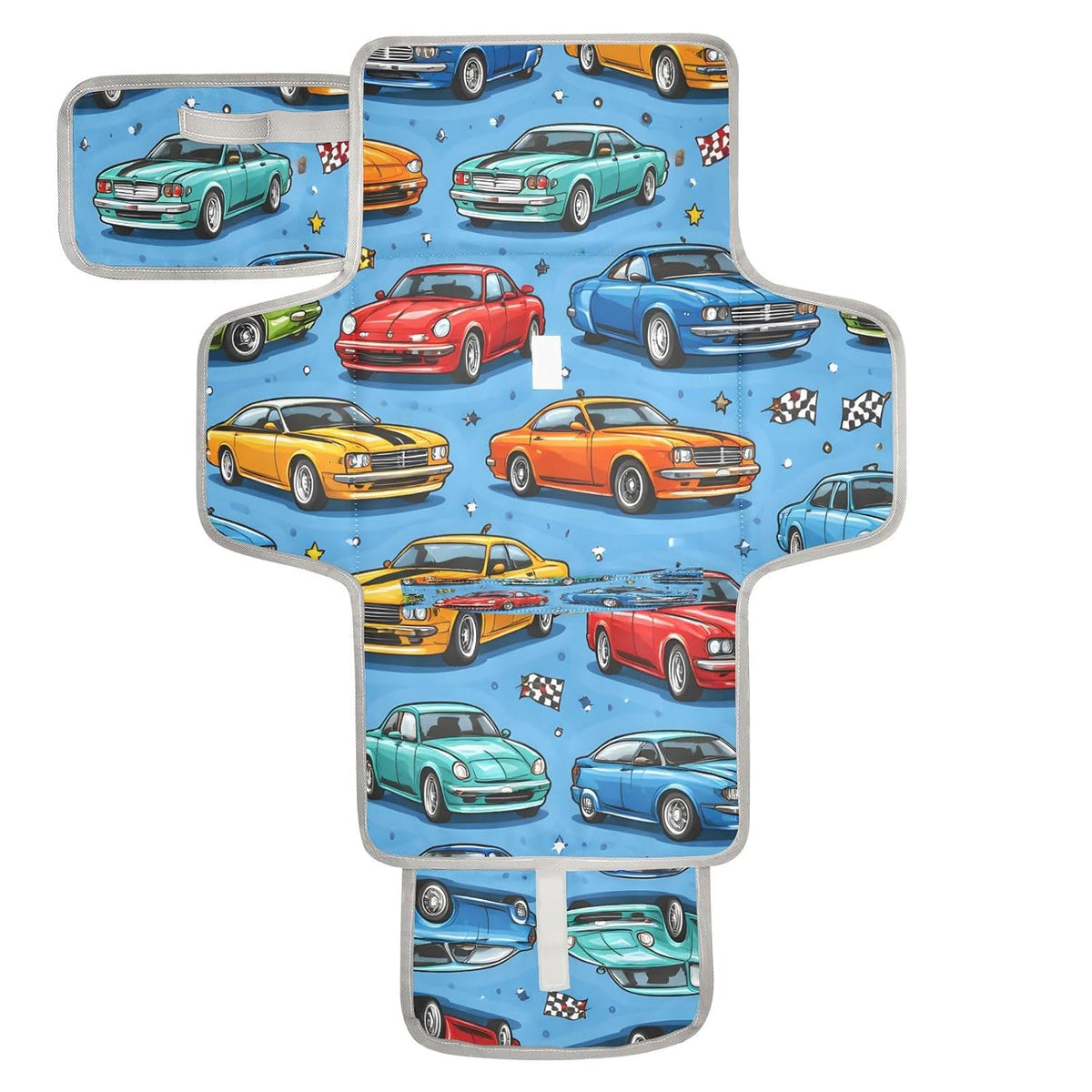 Cartoon Racing Cars Portable Diaper Changing Pad, Waterproof Baby Changing Mat with Storage Pocket & Built-in Pillow, Foldable Travel Pad, Newborn Gift Set for Boy Girl