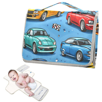 Cartoon Racing Cars Portable Diaper Changing Pad, Waterproof Baby Changing Mat with Storage Pocket & Built-in Pillow, Foldable Travel Pad, Newborn Gift Set for Boy Girl
