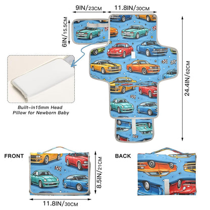 Cartoon Racing Cars Portable Diaper Changing Pad, Waterproof Baby Changing Mat with Storage Pocket & Built-in Pillow, Foldable Travel Pad, Newborn Gift Set for Boy Girl
